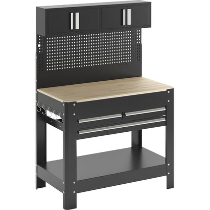 Workbench with perforated rear panel, 3 drawers, 2 cupboards, width 1140 mm.