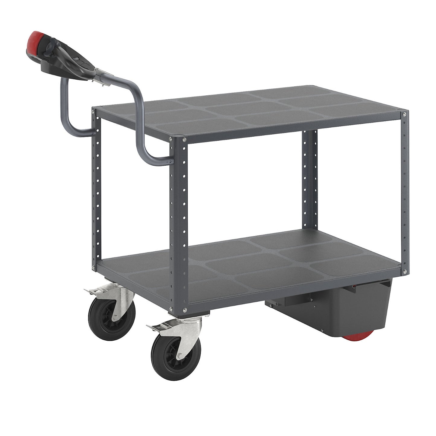 CustomLine assembly trolley with electric drive, 2 shelves, charcoal RAL 7016, solid rubber.