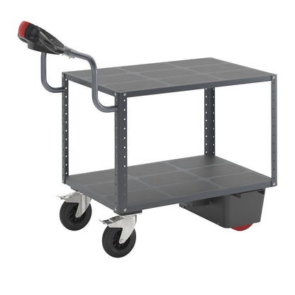CustomLine assembly trolley with electric drive, 2 shelves, charcoal RAL 7016, solid rubber.