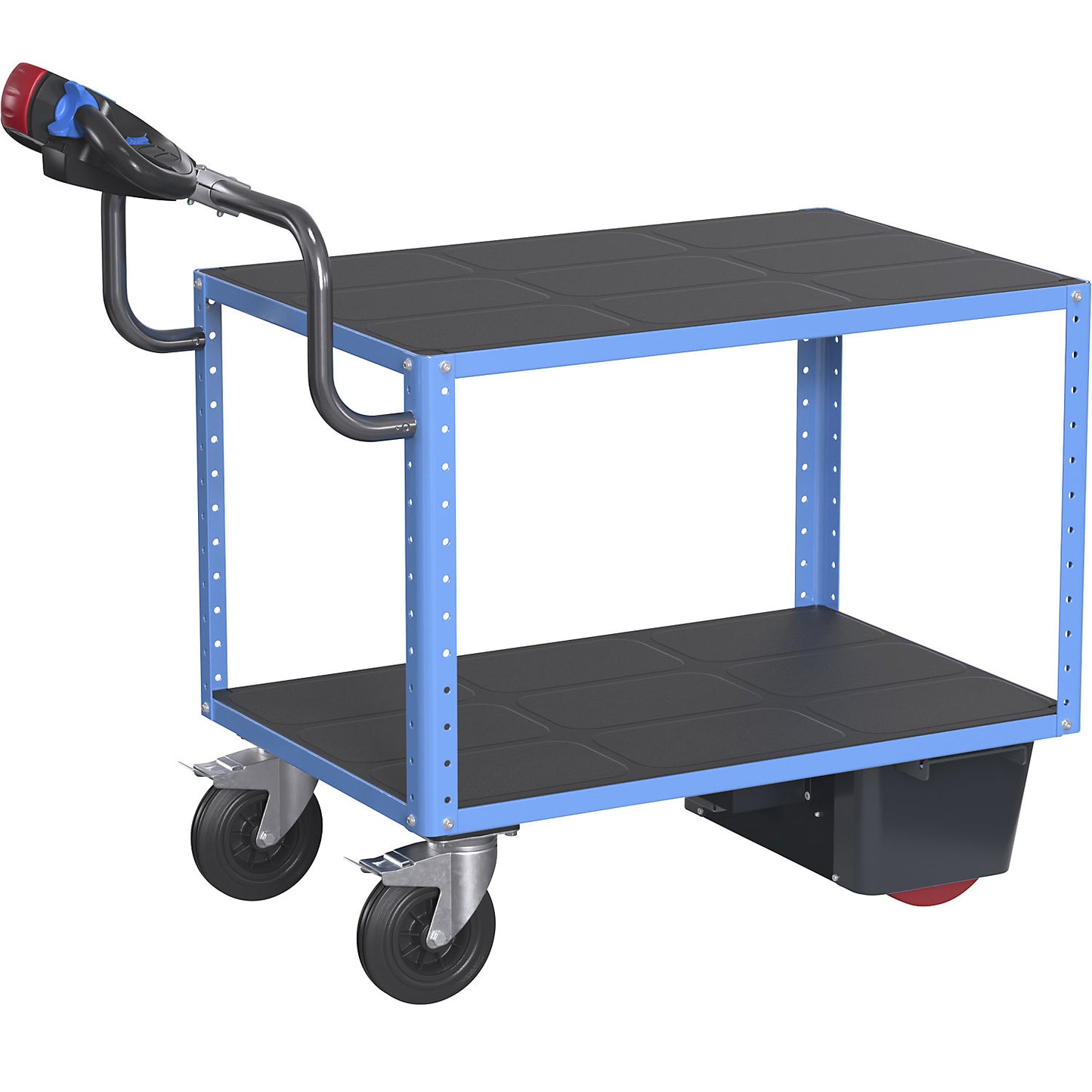 CustomLine assembly trolley with electric drive, 2 shelves, light blue RAL 5012, solid rubber.
