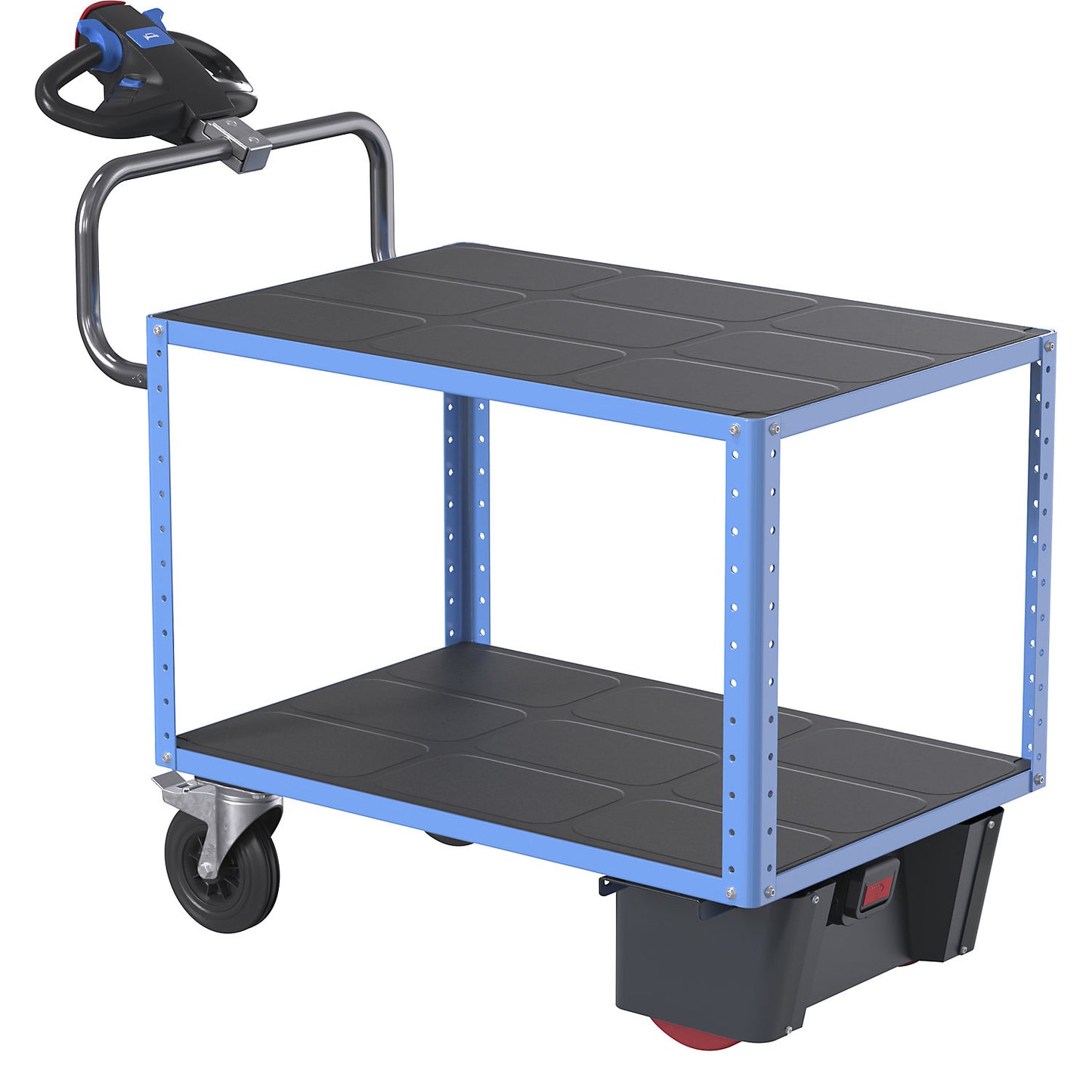 CustomLine assembly trolley with electric drive, 2 shelves, light blue RAL 5012, fully elastic.