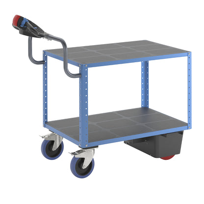 CustomLine assembly trolley with electric drive, 2 shelves, light blue RAL 5012, fully elastic.