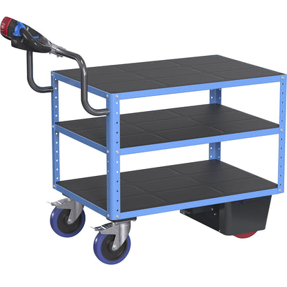 CustomLine assembly trolley with electric drive, 3 shelves, light blue RAL 5012, solid rubber.