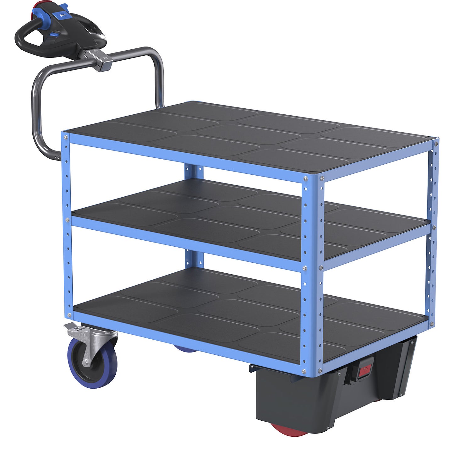 CustomLine assembly trolley with electric drive, 3 shelves, light blue RAL 5012, solid rubber.