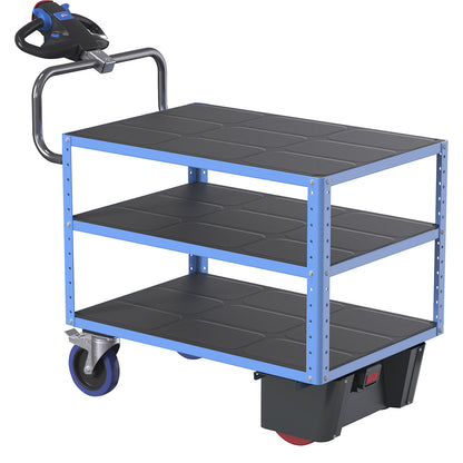 CustomLine assembly trolley with electric drive, 3 shelves, light blue RAL 5012, solid rubber.