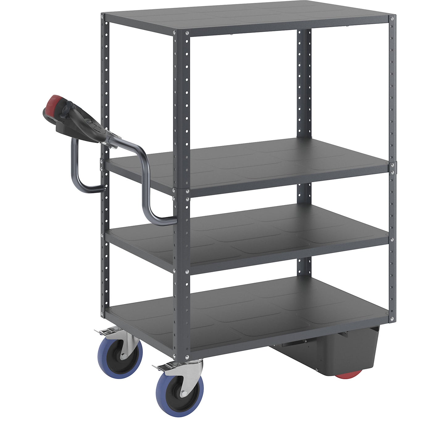 CustomLine shelf truck with electric drive, 4 shelves, charcoal RAL 7016, fully elastic.