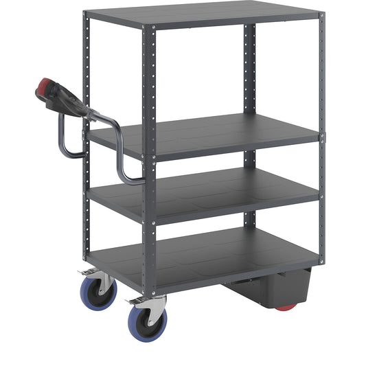 CustomLine shelf truck with electric drive, 4 shelves, charcoal RAL 7016, fully elastic.