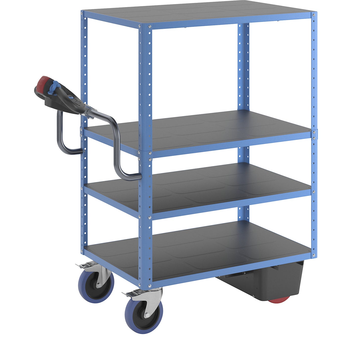 CustomLine shelf truck with electric drive, 4 shelves, light blue RAL 5012, fully elastic.