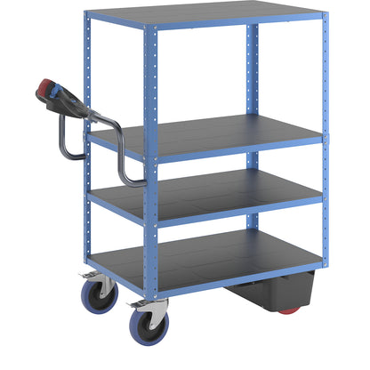 CustomLine shelf truck with electric drive, 4 shelves, light blue RAL 5012, fully elastic.