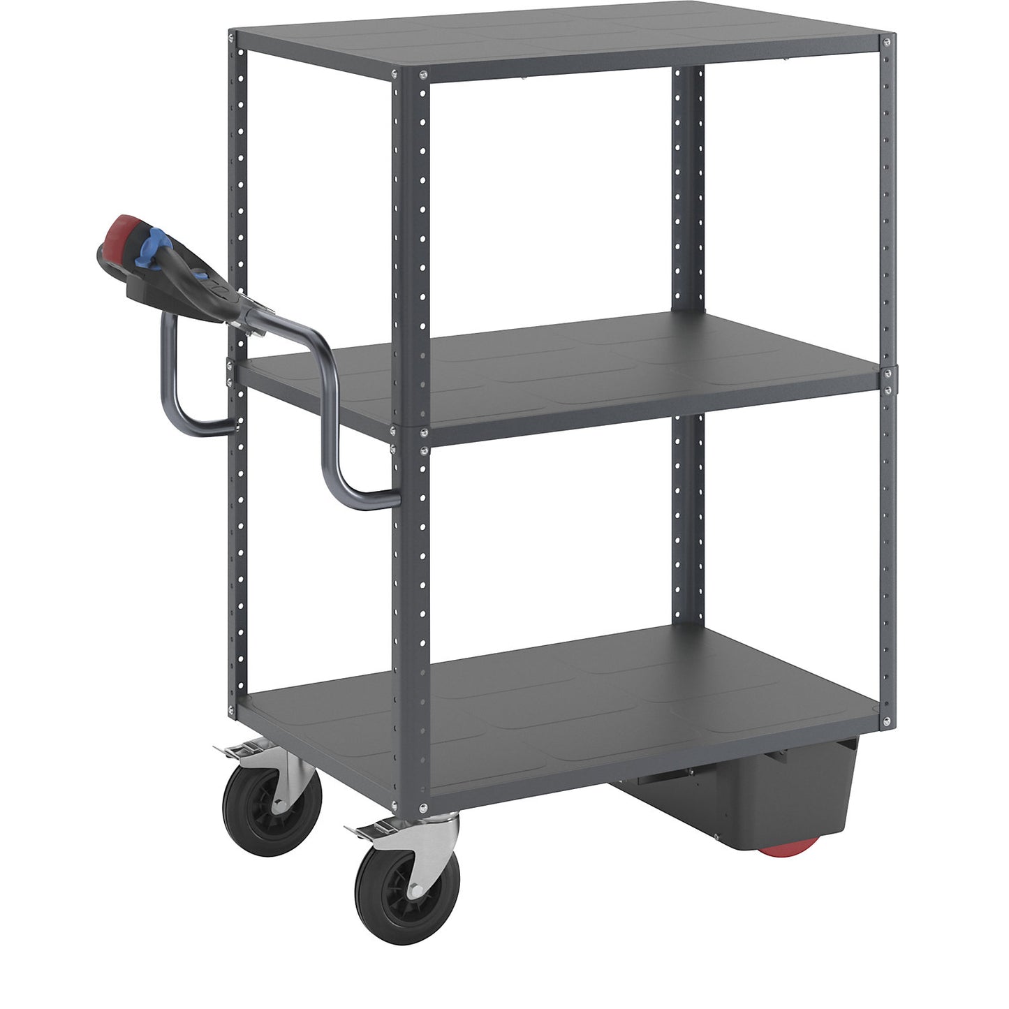 CustomLine shelf truck with electric drive, 3 shelves, charcoal RAL 7016, solid rubber.