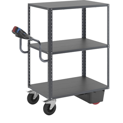 CustomLine shelf truck with electric drive, 3 shelves, charcoal RAL 7016, solid rubber.