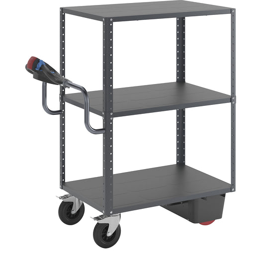 CustomLine shelf truck with electric drive, 3 shelves, charcoal RAL 7016, solid rubber.