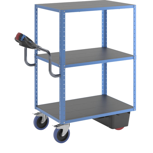 CustomLine shelf truck with electric drive, 3 shelves, light blue RAL 5012, fully elastic.