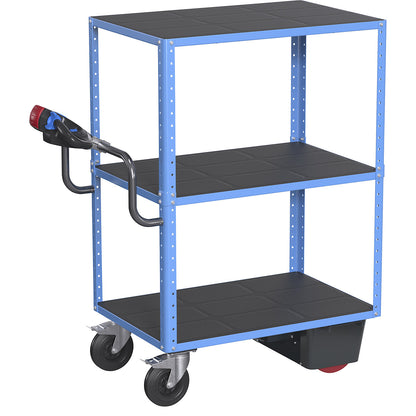 CustomLine shelf truck with electric drive, 3 shelves, light blue RAL 5012, solid rubber.