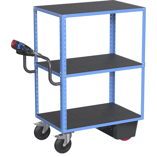 CustomLine shelf truck with electric drive, 3 shelves, light blue RAL 5012, solid rubber.