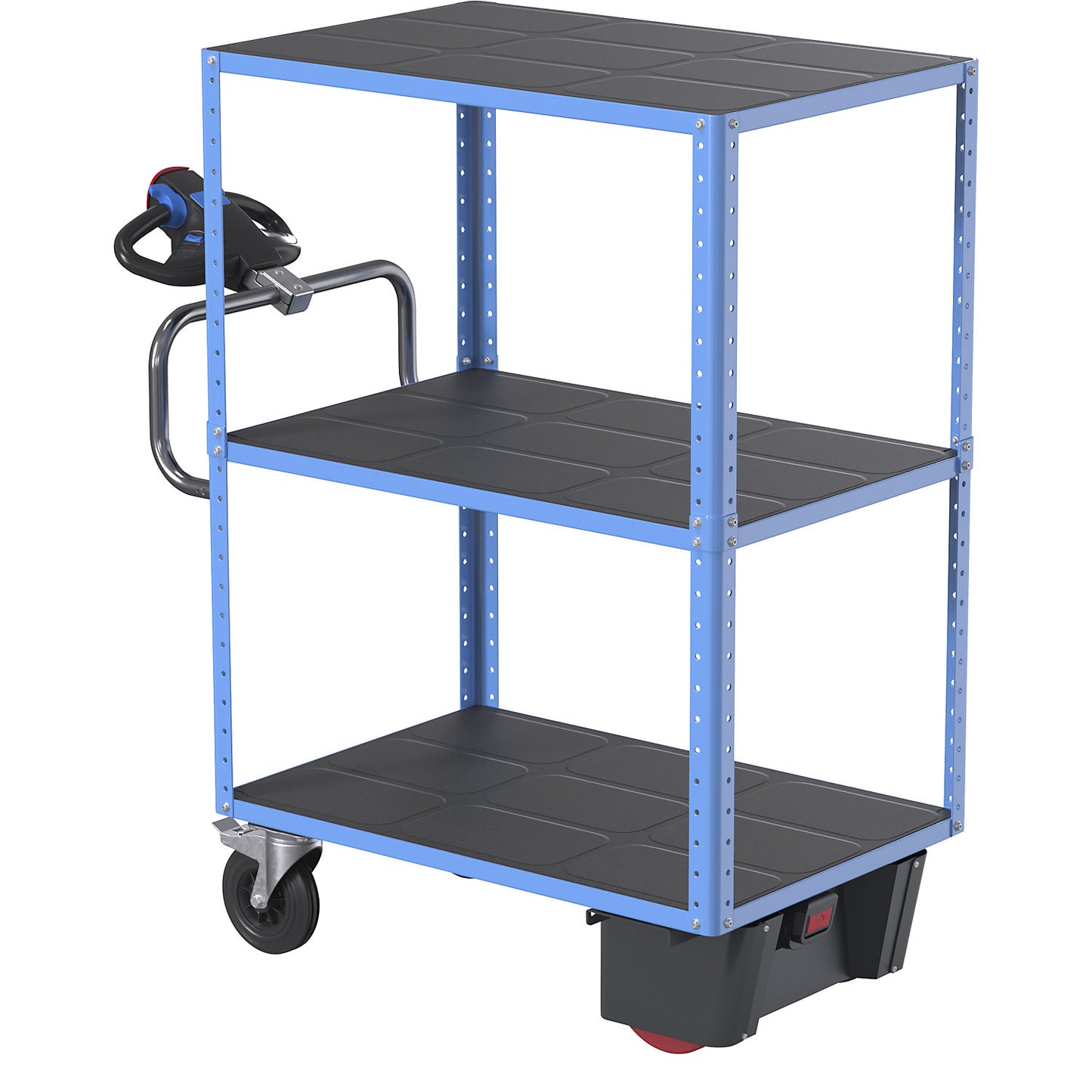 CustomLine shelf truck with electric drive, 3 shelves, light blue RAL 5012, fully elastic.