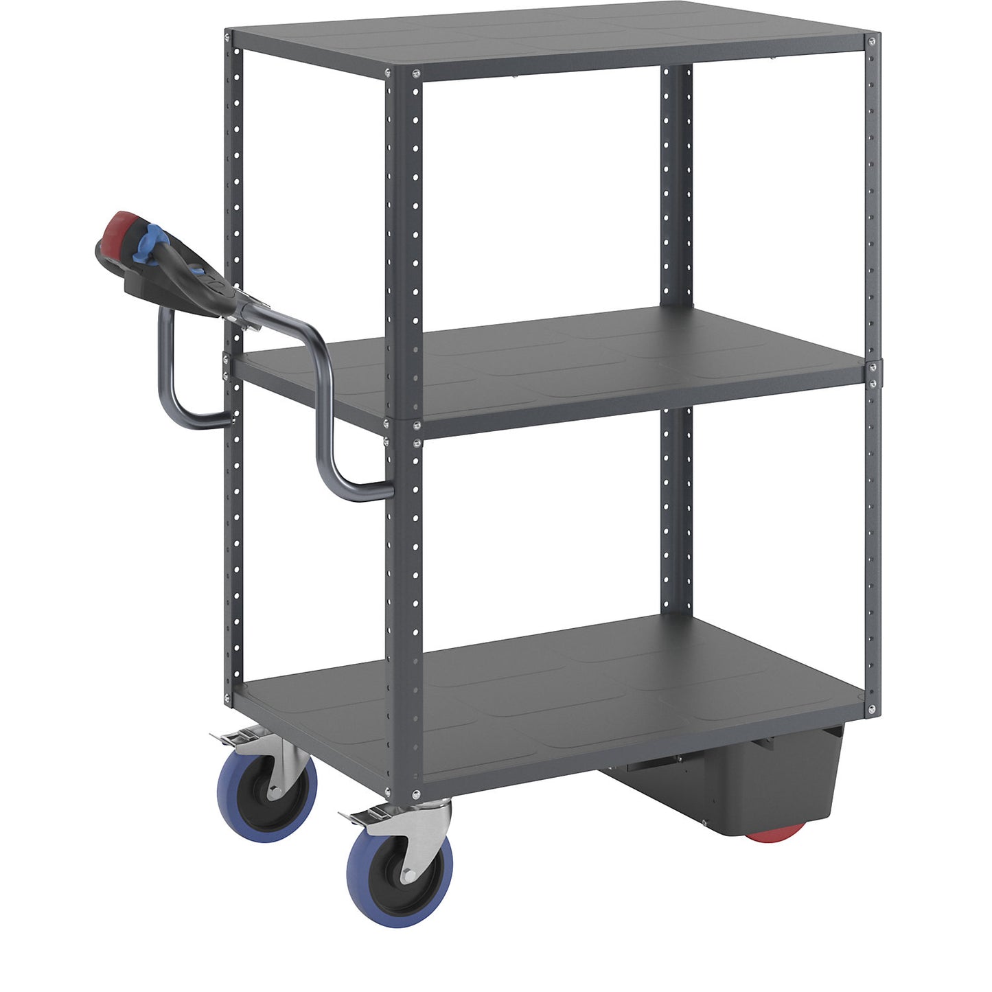 CustomLine shelf truck with electric drive, 3 shelves, charcoal RAL 7016, fully elastic.