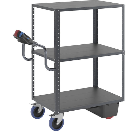 CustomLine shelf truck with electric drive, 3 shelves, charcoal RAL 7016, fully elastic.
