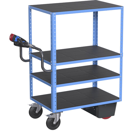 CustomLine shelf truck with electric drive, 4 shelves, light blue RAL 5012, solid rubber.