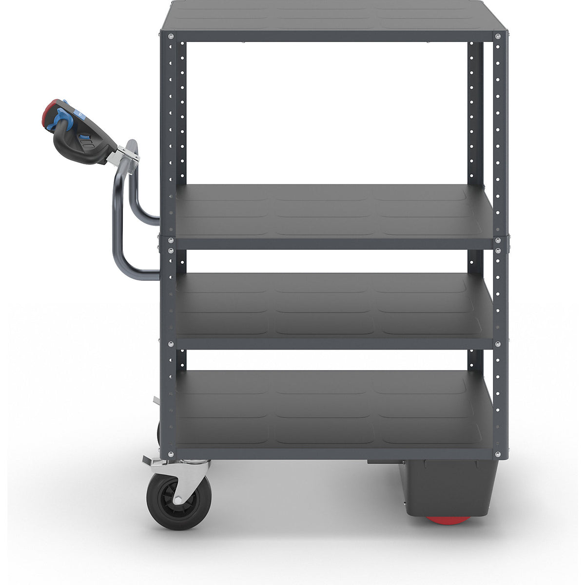 CustomLine shelf truck with electric drive, 4 shelves, charcoal RAL 7016, solid rubber.