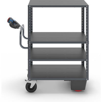 CustomLine shelf truck with electric drive, 4 shelves, charcoal RAL 7016, solid rubber.