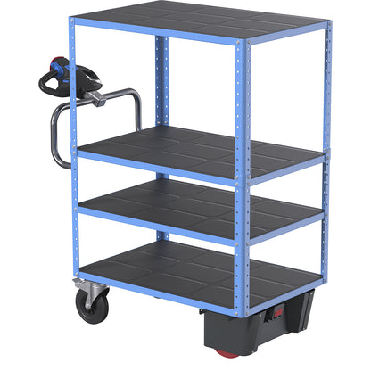 CustomLine shelf truck with electric drive, 4 shelves, charcoal RAL 7016, fully elastic.