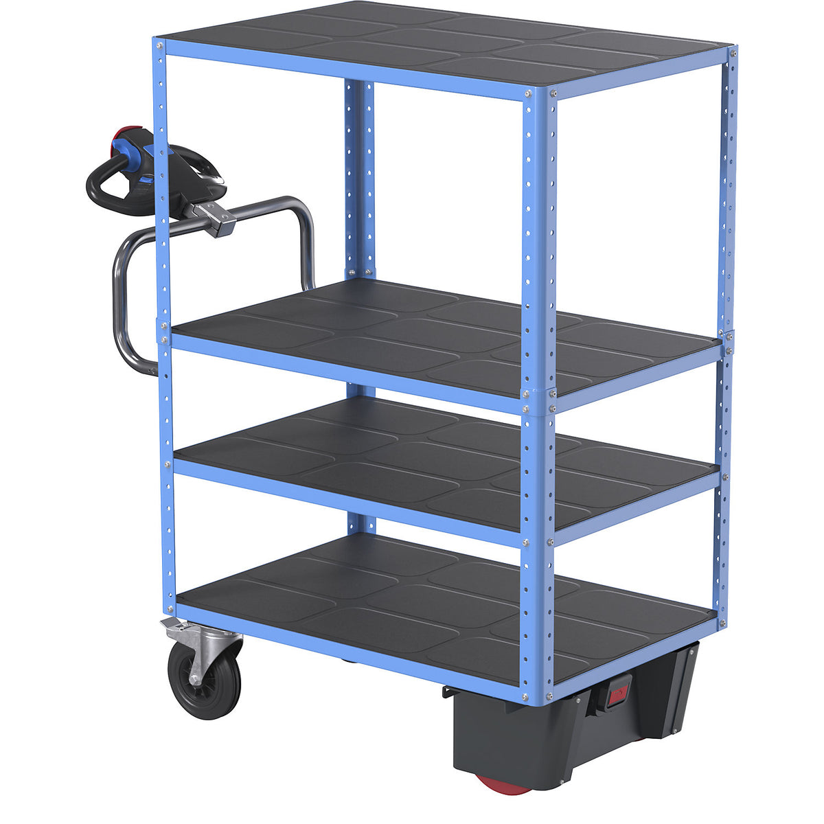 CustomLine shelf truck with electric drive, 4 shelves, light blue RAL 5012, fully elastic.
