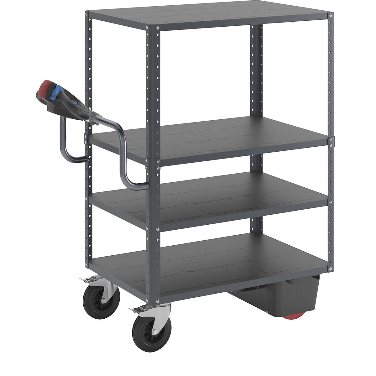 CustomLine shelf truck with electric drive, 4 shelves, charcoal RAL 7016, solid rubber.