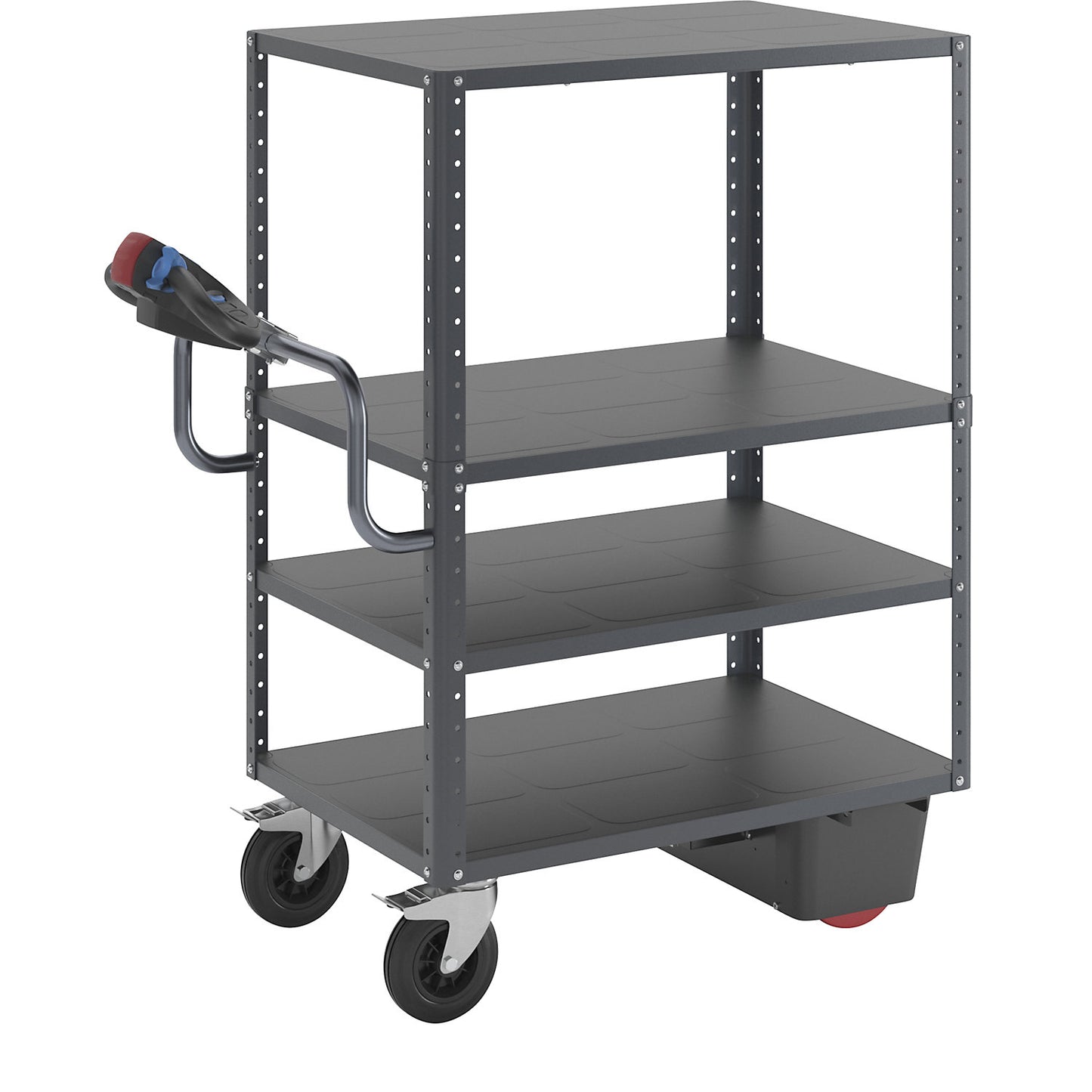 CustomLine shelf truck with electric drive, 4 shelves, charcoal RAL 7016, solid rubber.