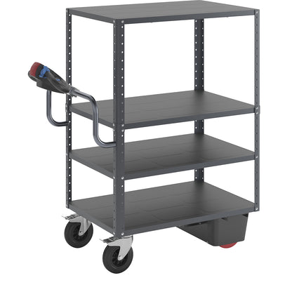 CustomLine shelf truck with electric drive, 4 shelves, charcoal RAL 7016, solid rubber.