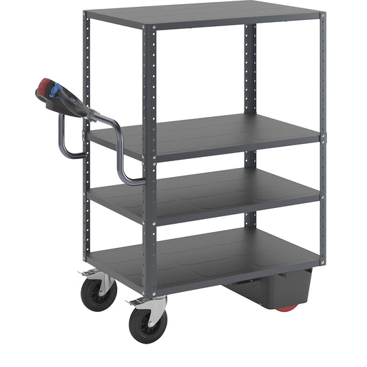 CustomLine shelf truck with electric drive, 4 shelves, charcoal RAL 7016, solid rubber.