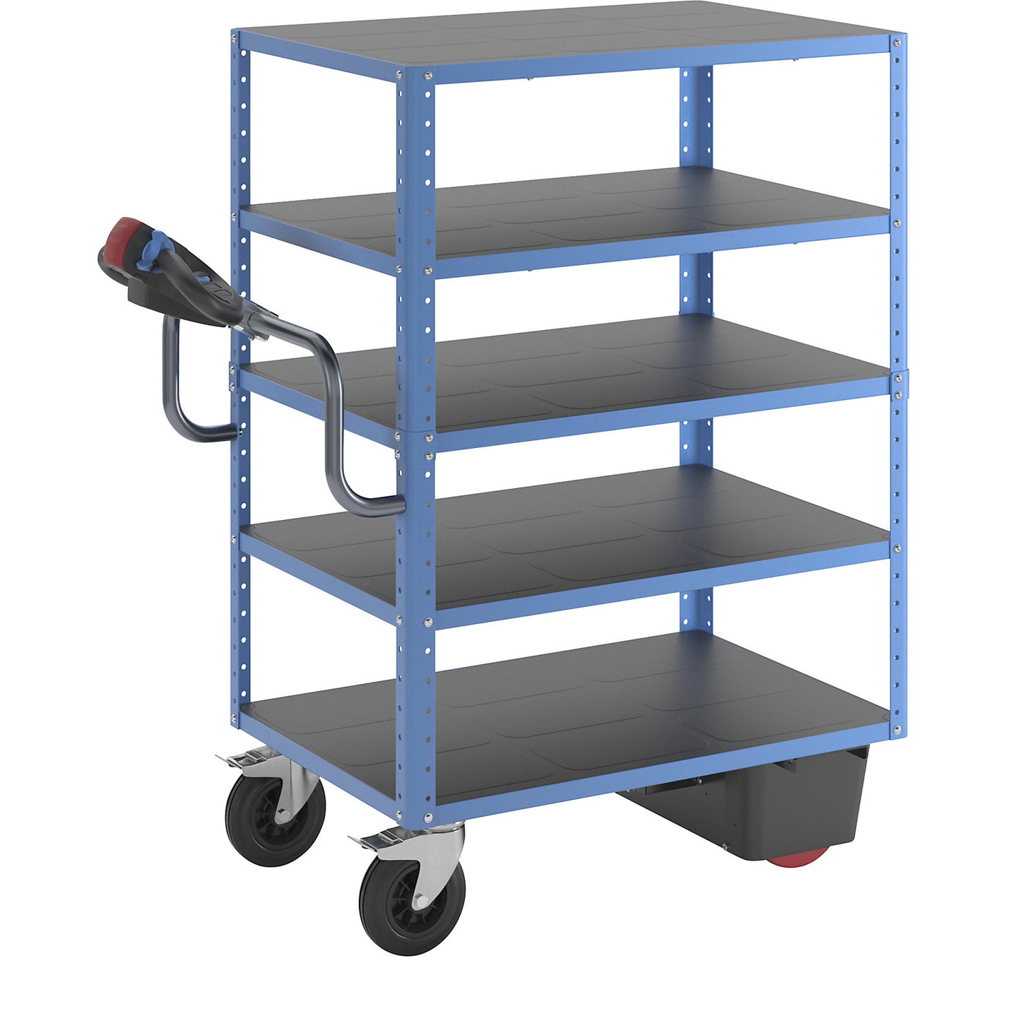 CustomLine shelf truck with electric drive, 5 shelves, light blue RAL 5012, solid rubber.