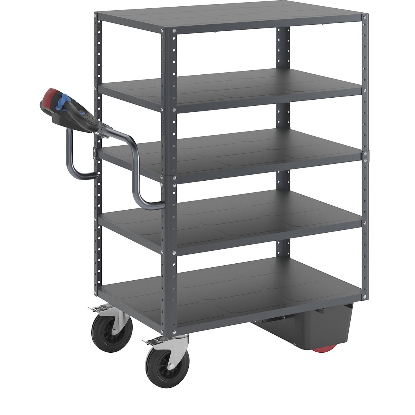 CustomLine shelf truck with electric drive, 5 shelves, charcoal RAL 7016, solid rubber.