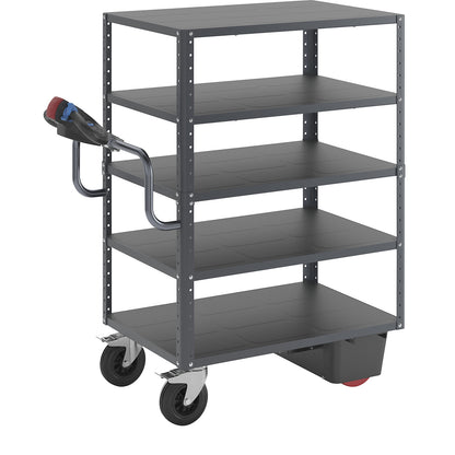 CustomLine shelf truck with electric drive, 5 shelves, charcoal RAL 7016, solid rubber.