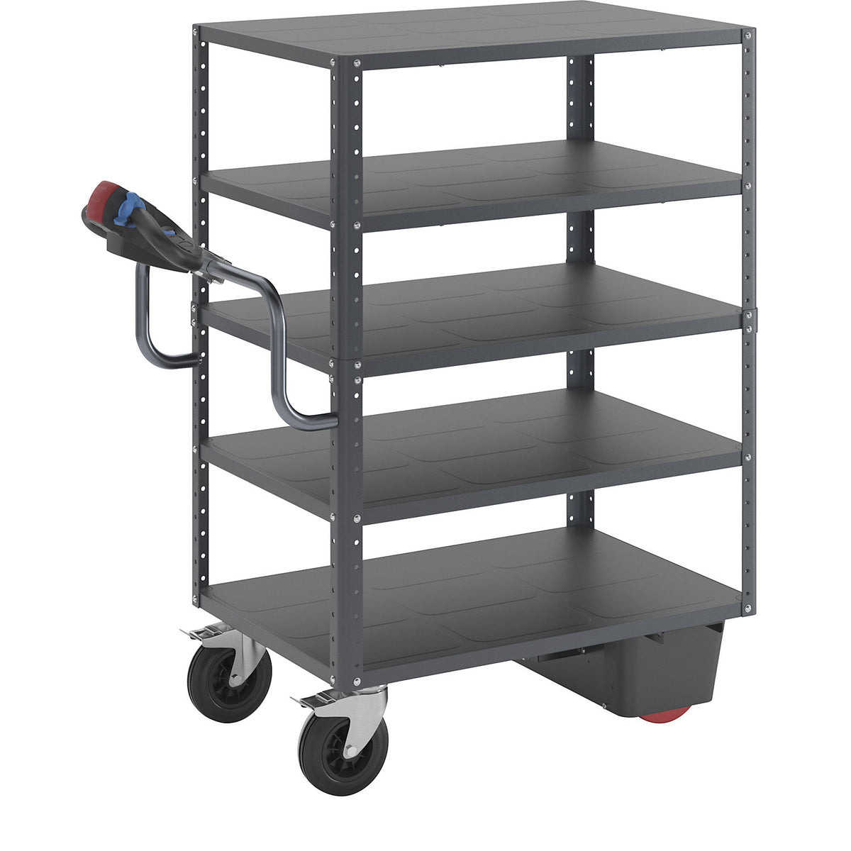 CustomLine shelf truck with electric drive, 5 shelves, charcoal RAL 7016, solid rubber.