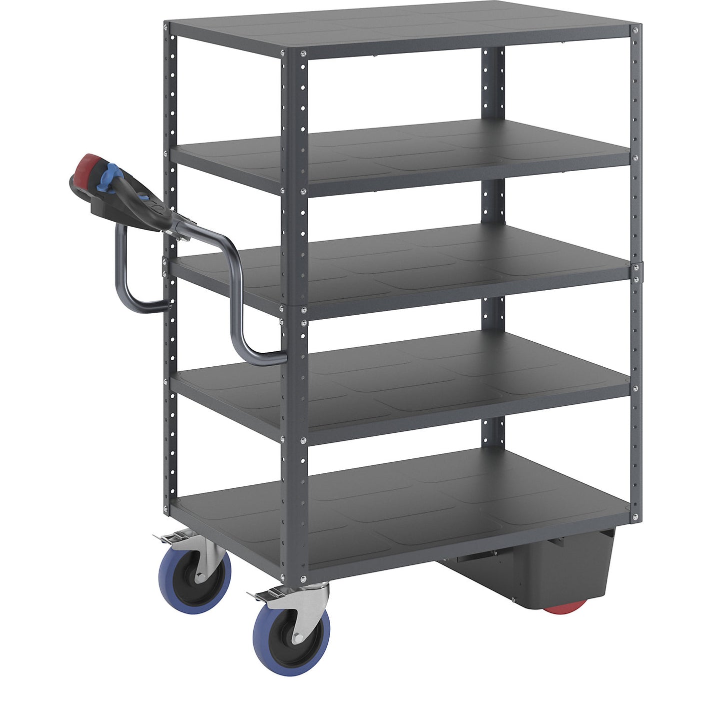 CustomLine shelf truck with electric drive, 5 shelves, charcoal RAL 7016, fully elastic.
