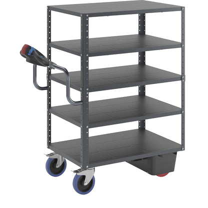 CustomLine shelf truck with electric drive, 5 shelves, charcoal RAL 7016, fully elastic.