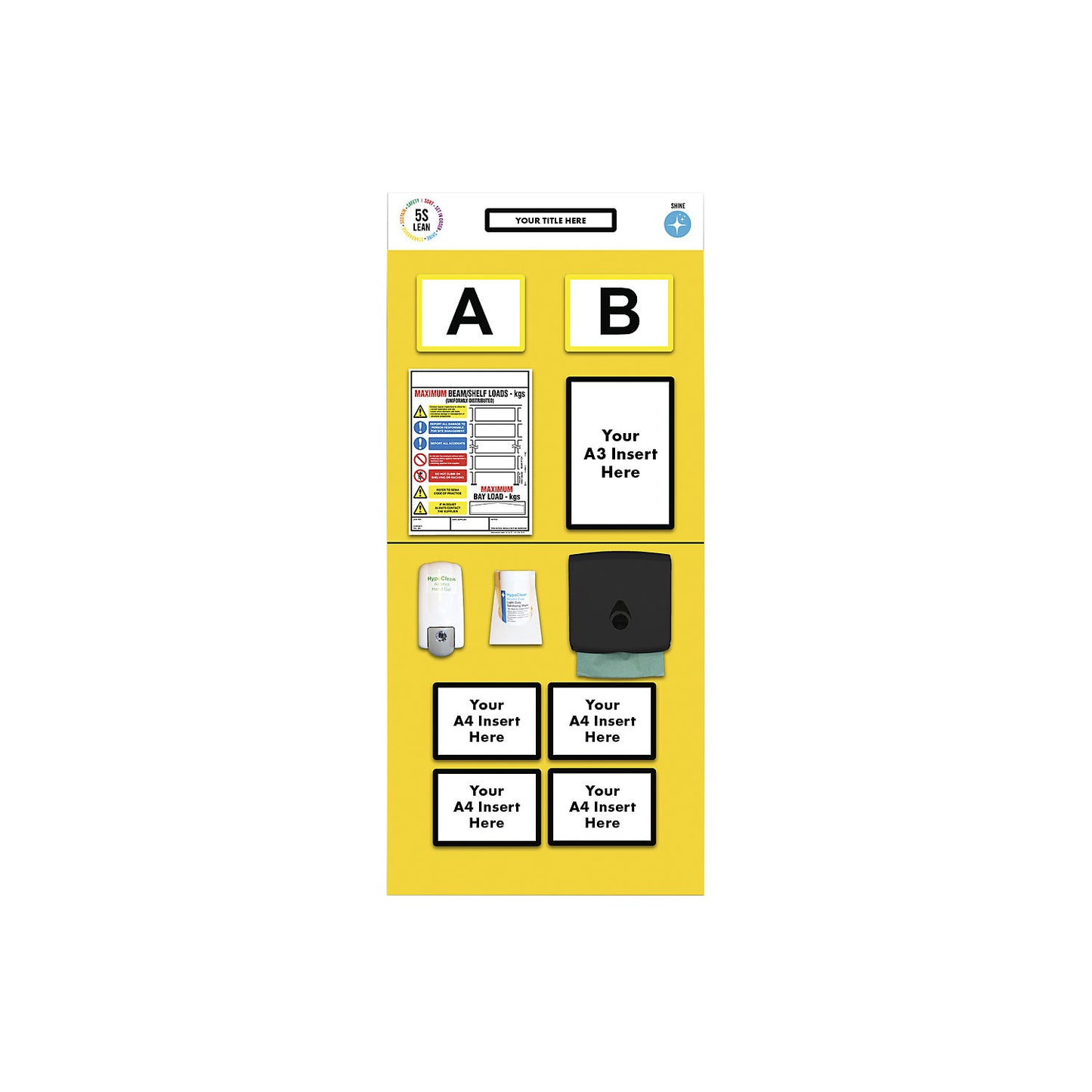 Modular rack end shadow board, sanitising, HxW 2000 x 900 mm, yellow.
