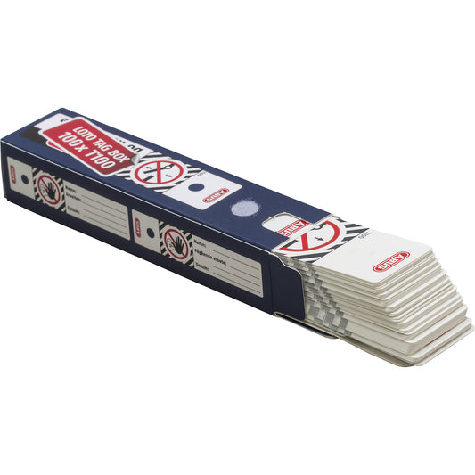 LOTO T100 warning tag, small, in 100 piece dispenser, red.