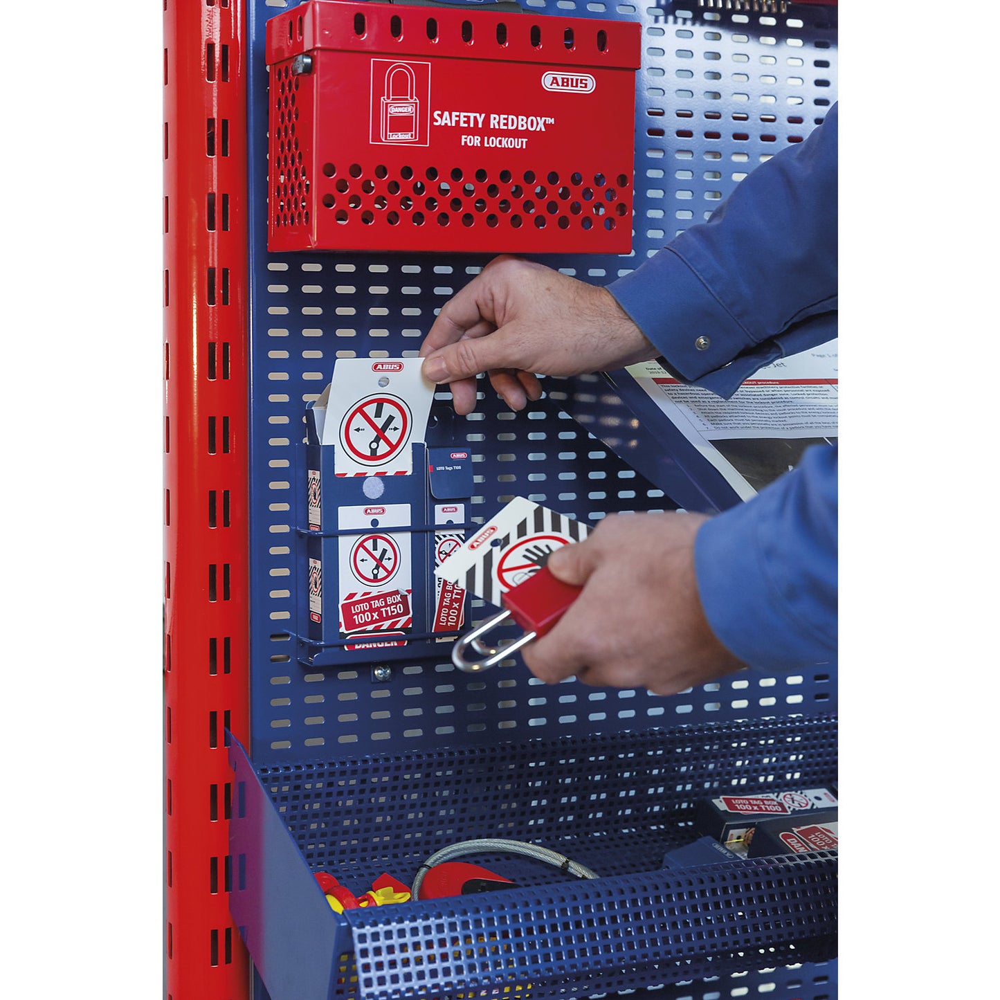 LOTO T100 warning tag, large, in 100 piece dispenser, red.