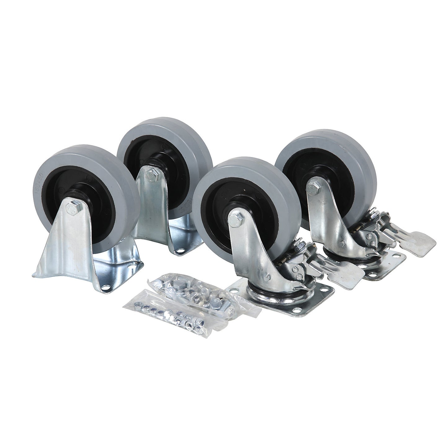 Wheels with brakes, set of 4, steel, solid rubber.