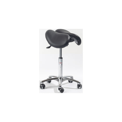 Saddle stool with a split seat, seat height 450 - 580 mm, leather, aluminium silver.