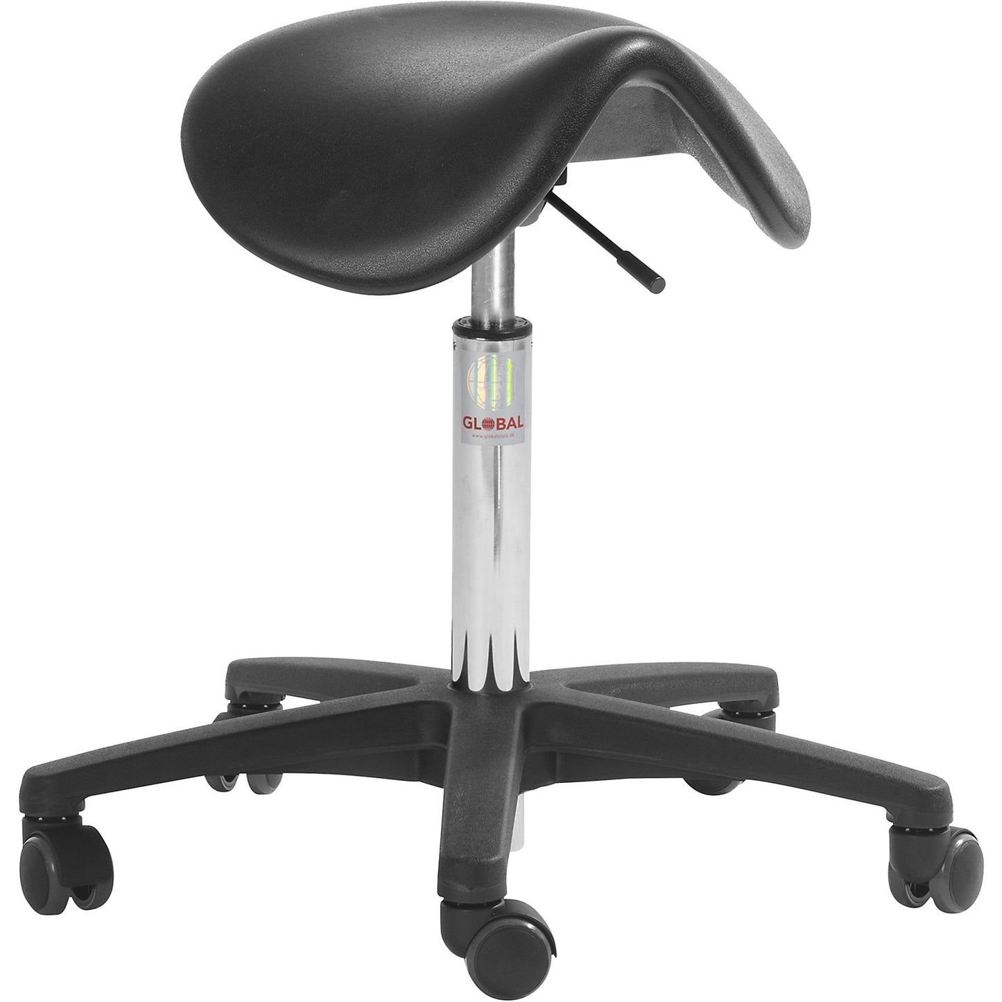 Saddle stool, plastic base, seat height 510 - 700 mm, PU foam, black.