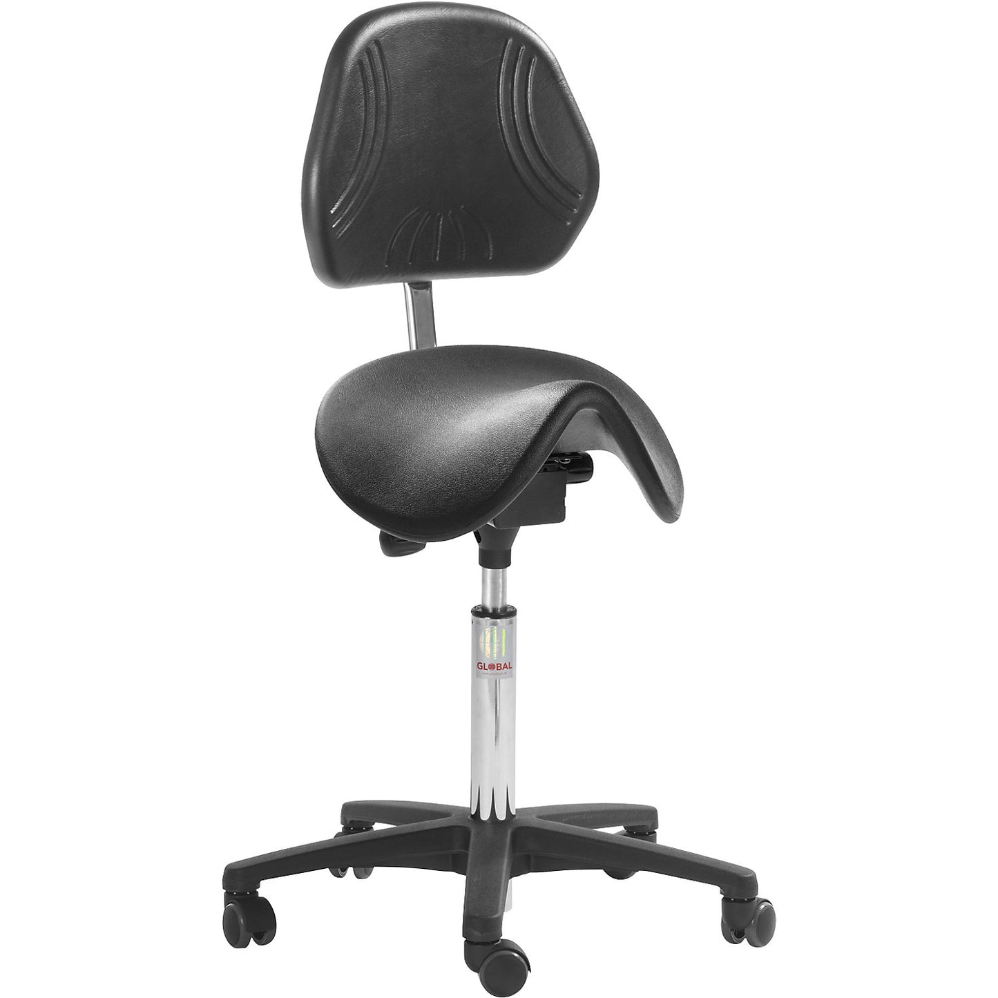 Saddle stool with back rest, seat height 600 - 790 mm, plastic, PU foam.
