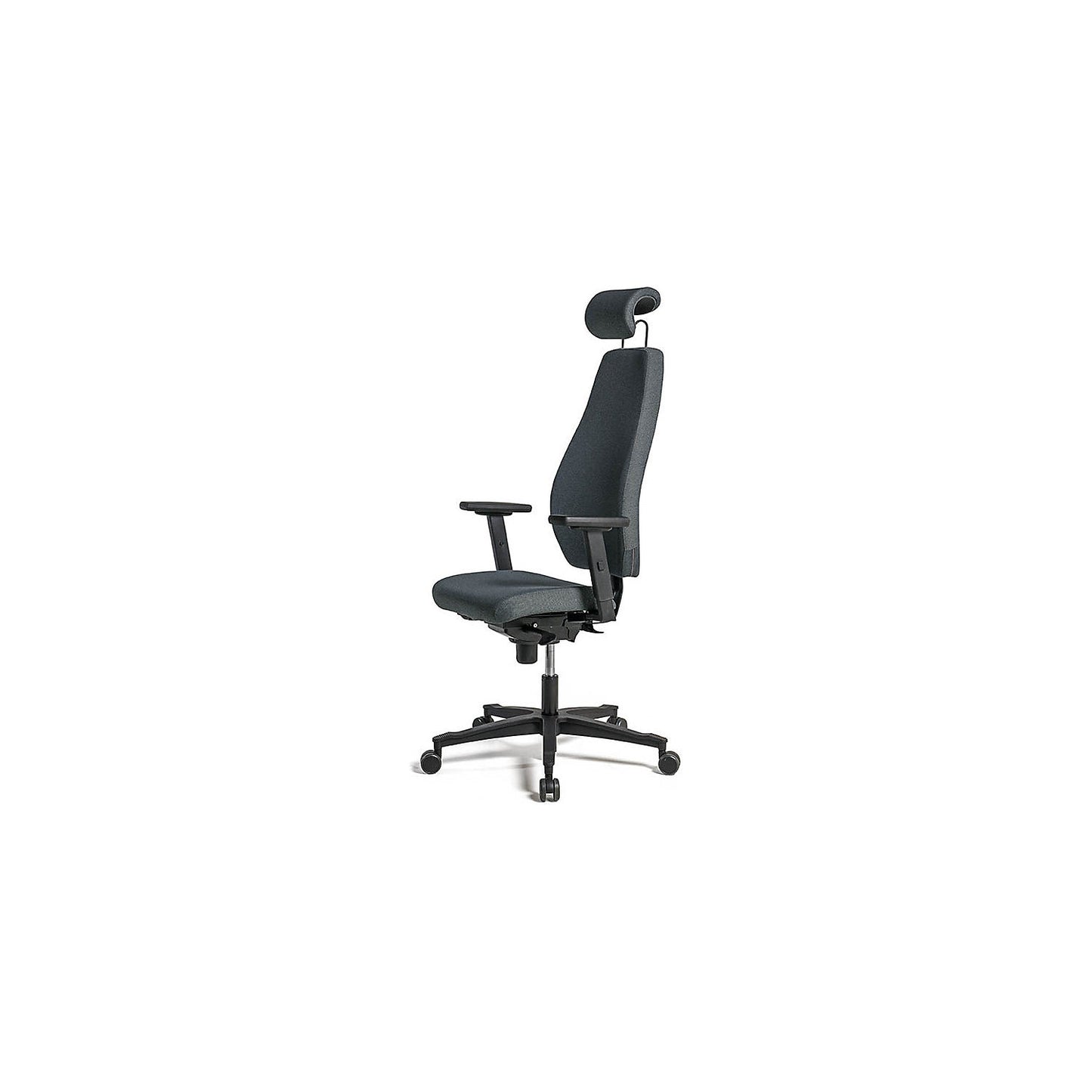 Office chair, synchronous mechanism, with arm rests and headrest, dark grey.