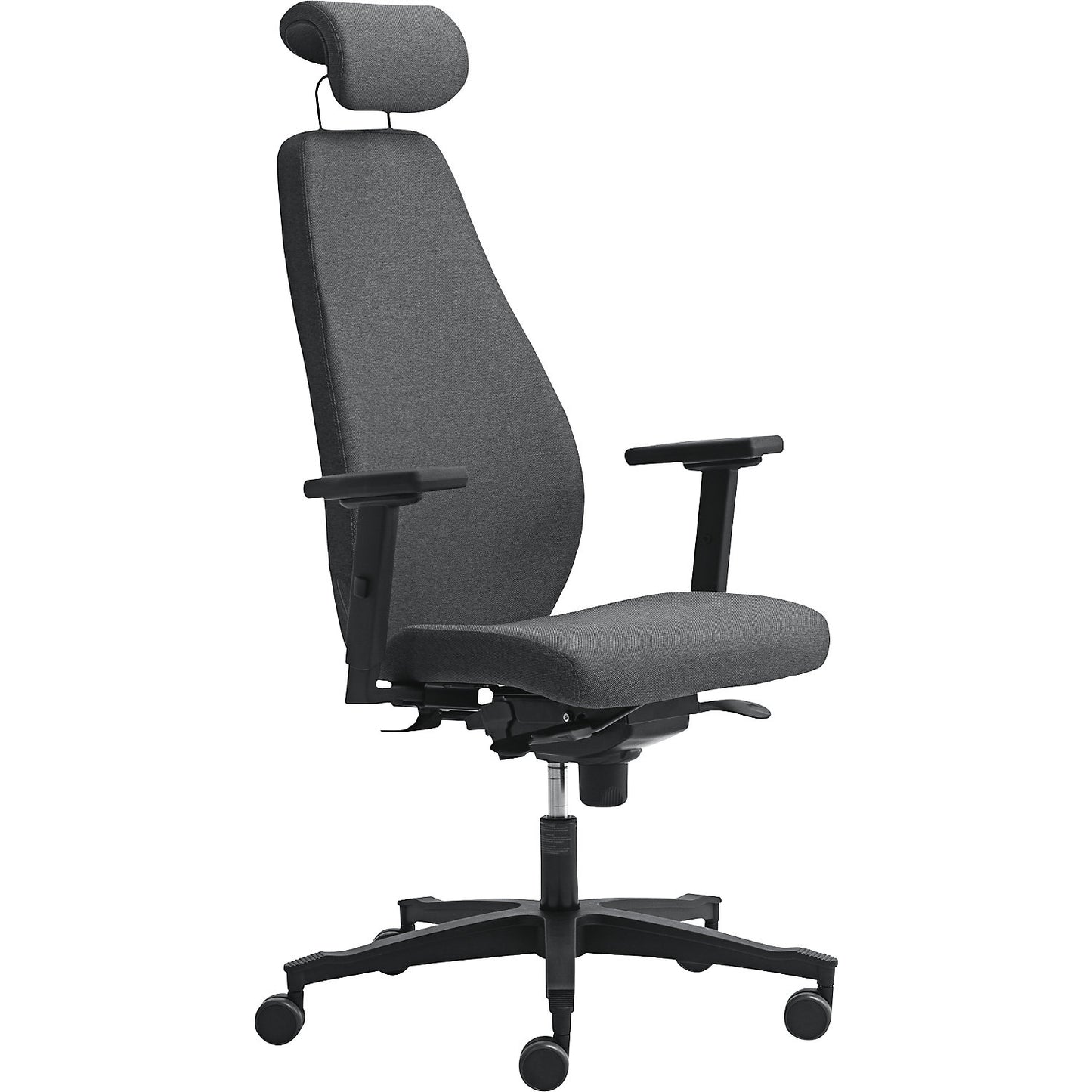 Office chair, synchronous mechanism, with arm rests and headrest, dark grey.