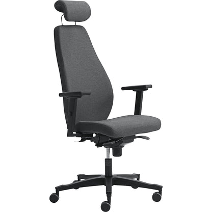 Office chair, synchronous mechanism, with arm rests and headrest, dark grey.