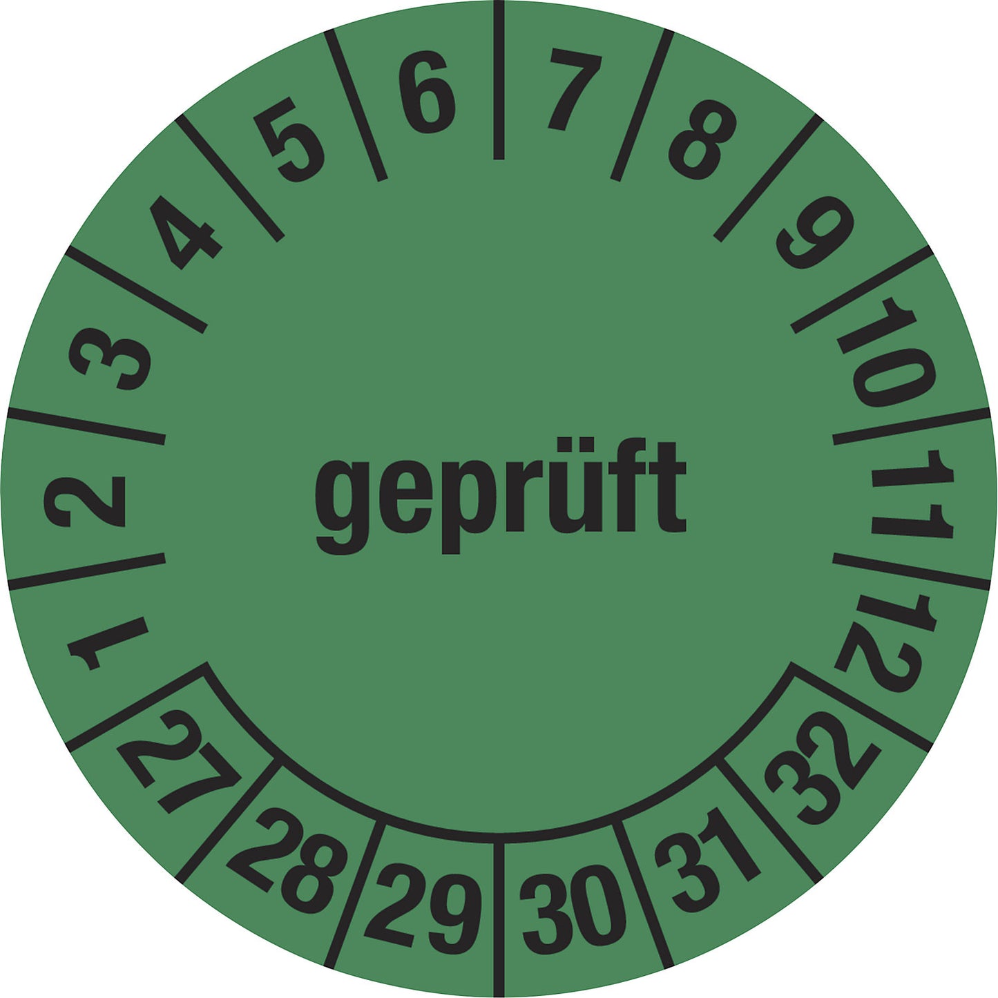 Multiple year placard, tested, green, document film, Ø 30 mm, pack of 10, 27 - 32.