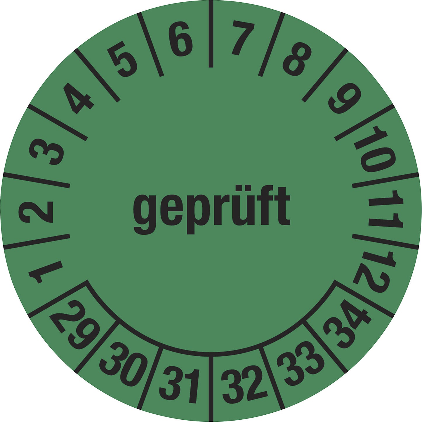 Multiple year placard, tested, green, document film, Ø 30 mm, pack of 10, 29 - 34.