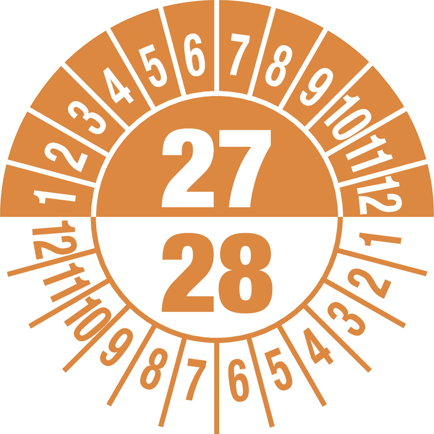Test placard, multiple years, document film, Ø 25 mm, pack of 10, 27/28, orange.